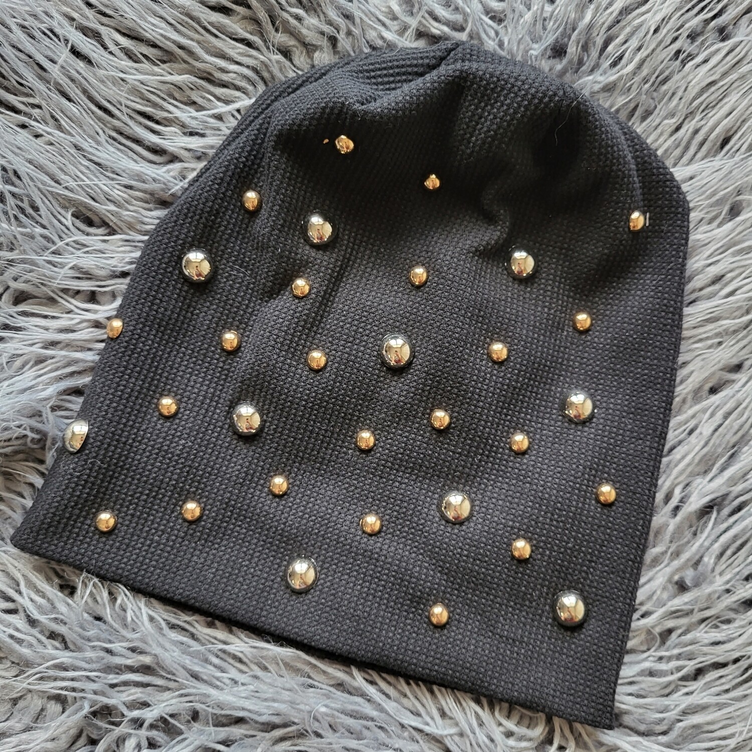 Black bejeweled waffle cotton beanie
