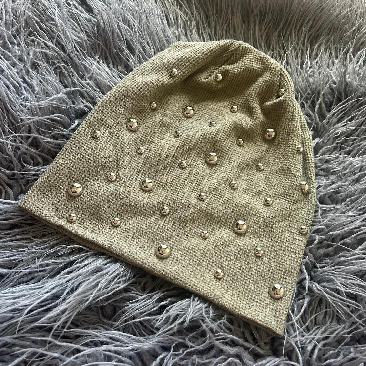 Light dusty olive bejeweled waffle cotton beanie