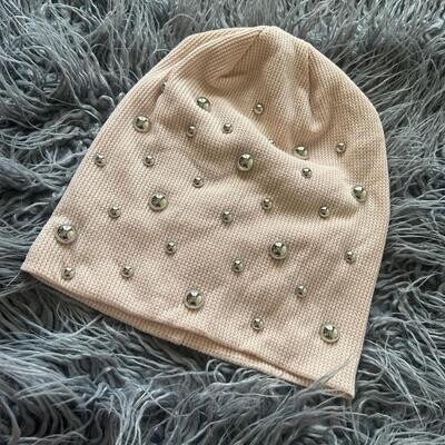 Light dusty peachy pink bejeweled waffle cotton beanie