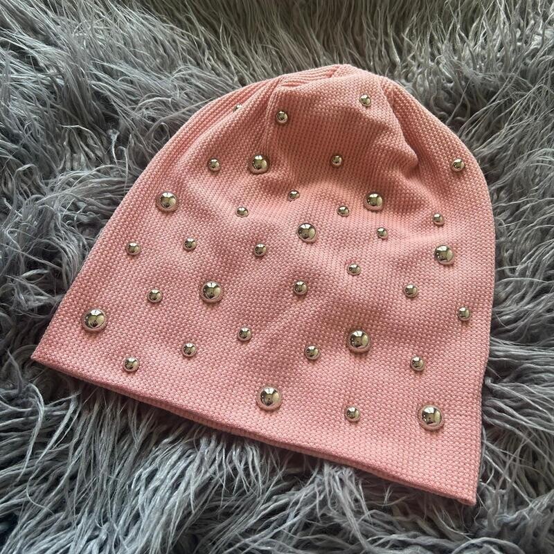 Peachy pink bejeweled waffle cotton beanie