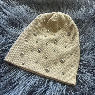 Yellowish tan bejeweled waffle cotton beanie