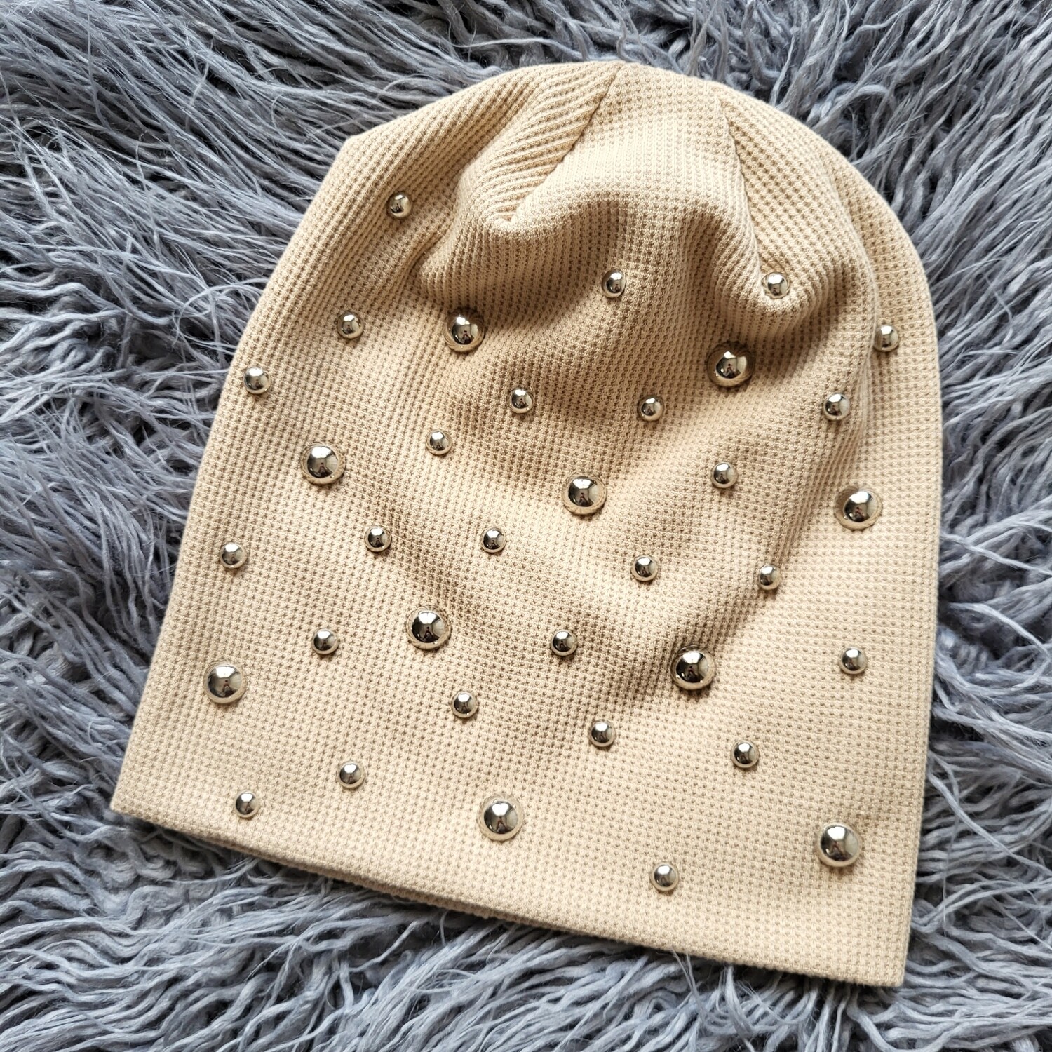 Dark beige bejeweled waffle cotton beanie