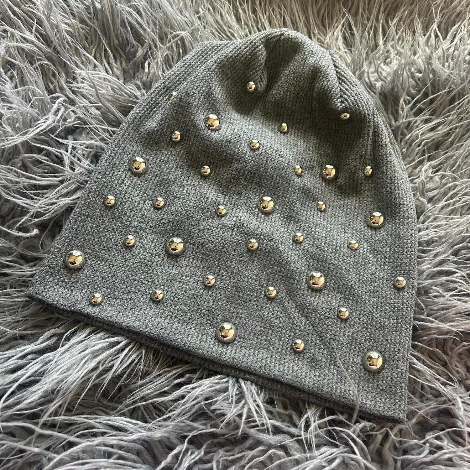 Dark gray bejeweled waffle cotton beanie