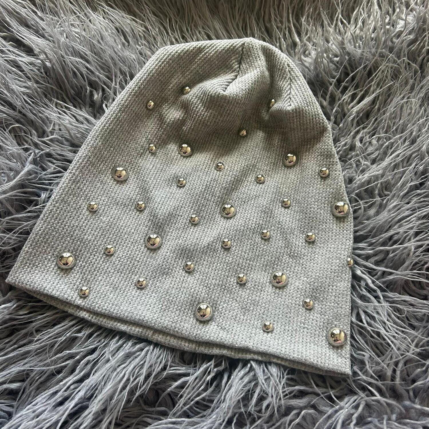 Light gray bejeweled waffle cotton beanie