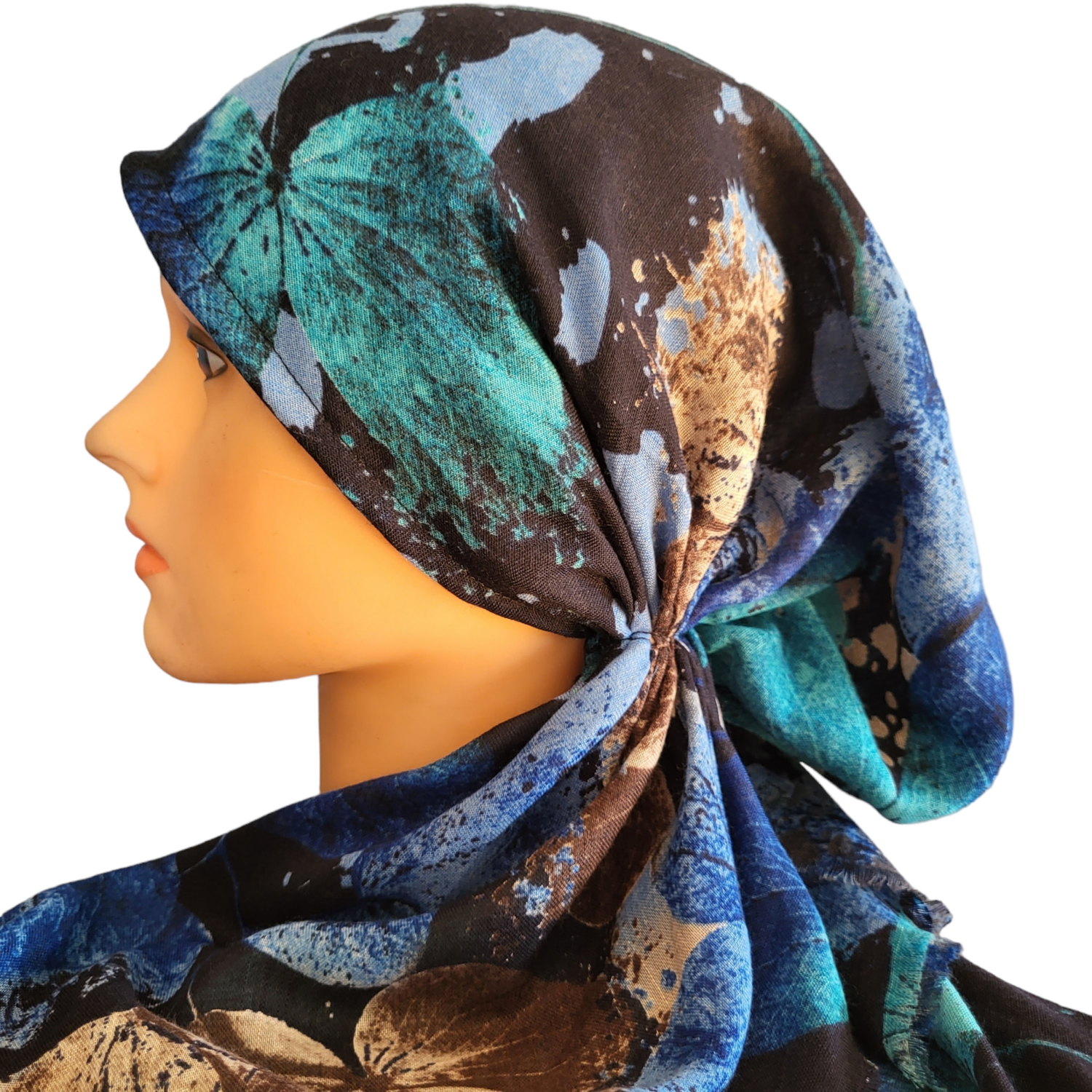 Navy/aqua big petals - soft fringes pretied tichel
