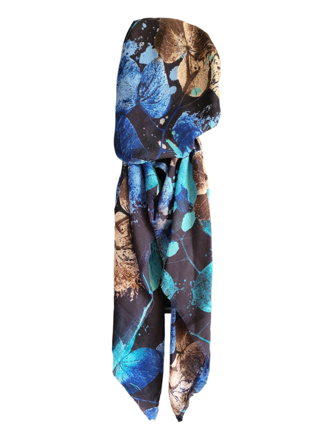 Navy/aqua big petals - soft fringes pretied tichel