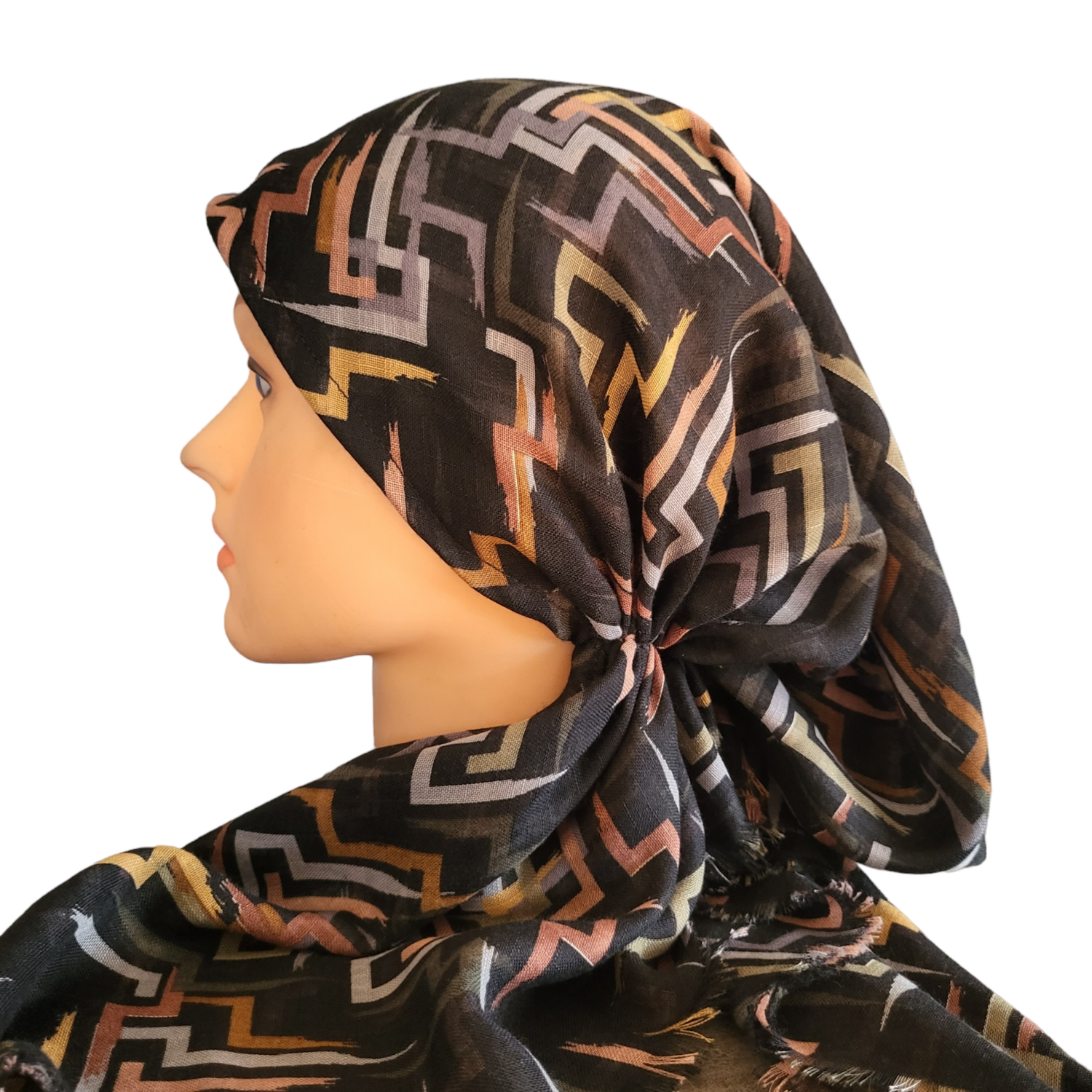 Black intersecting lines - soft fringes pretied tichel