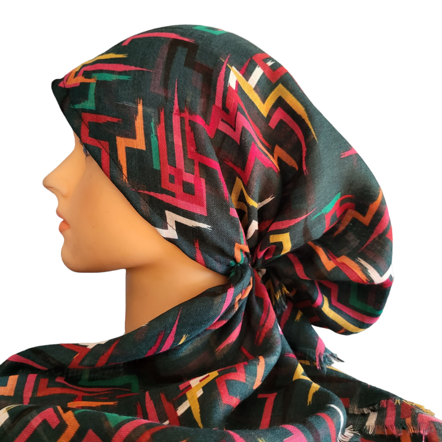 Green intersecting lines - soft fringes pretied tichel