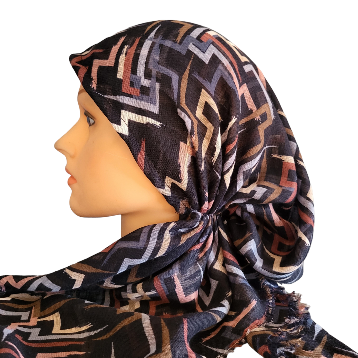 Navy intersecting lines - soft fringes pretied tichel