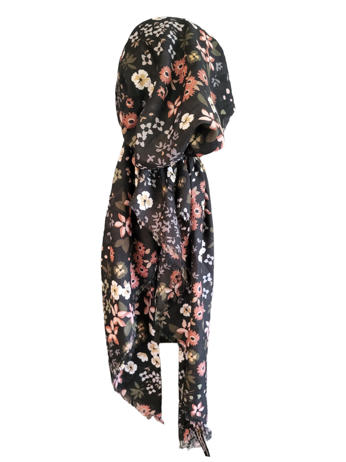 Black small floral - soft fringes pretied tichel