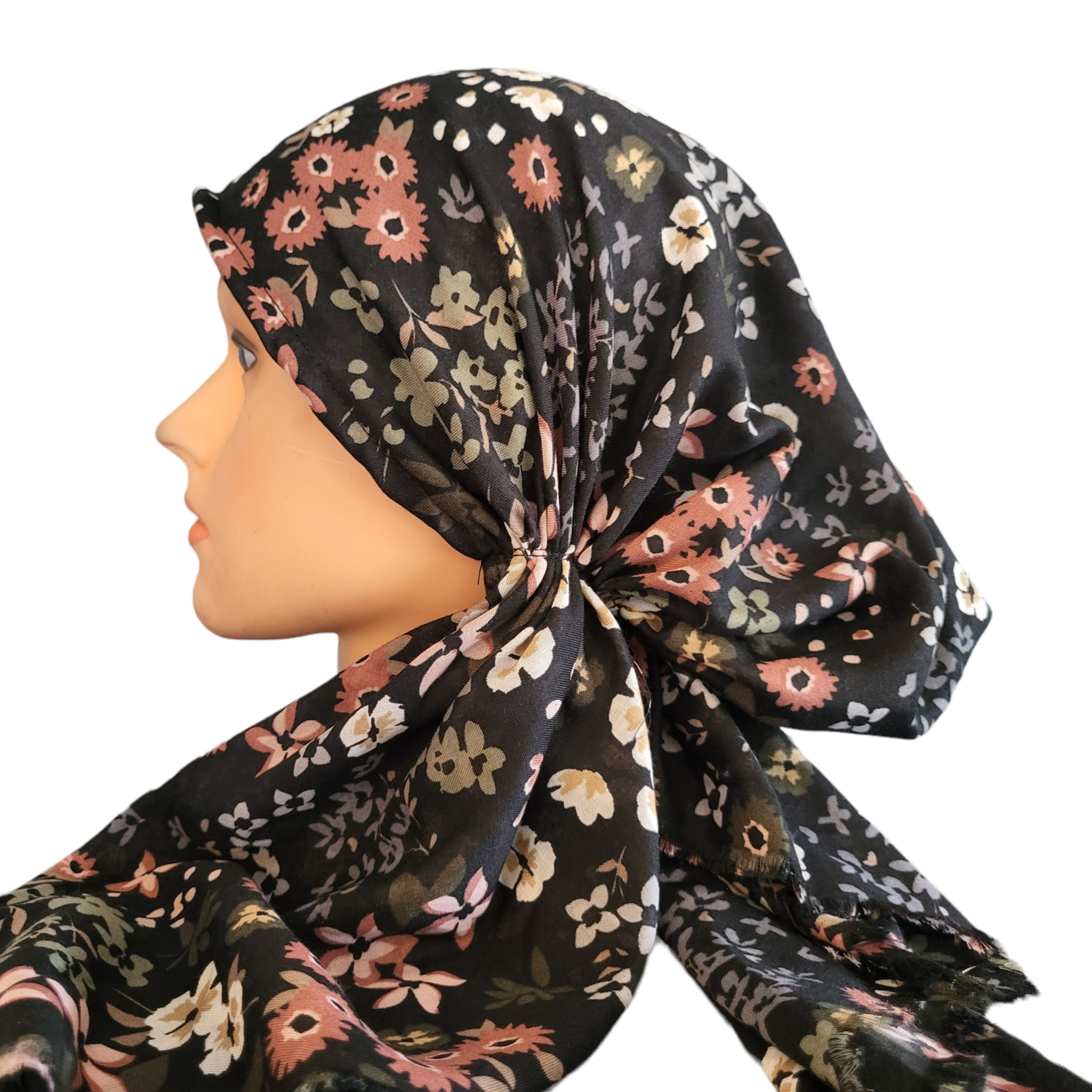 Black small floral - soft fringes pretied tichel