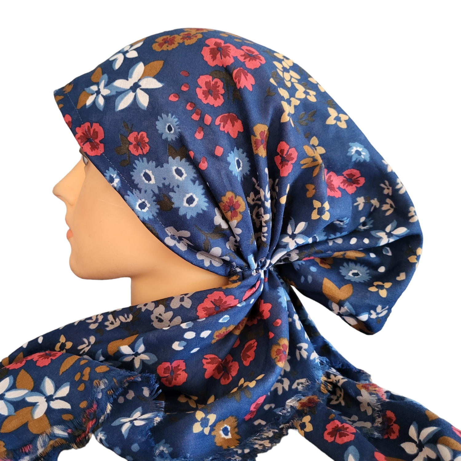 Blue small floral - soft fringes pretied tichel