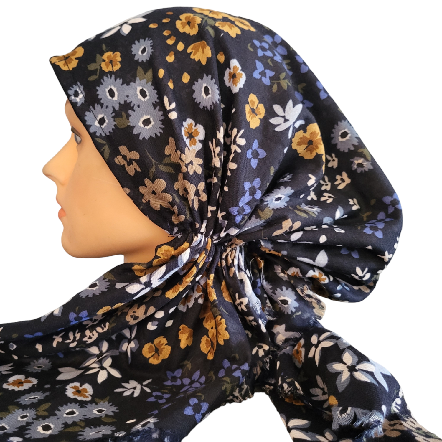 Navy  small floral - soft fringes pretied tichel