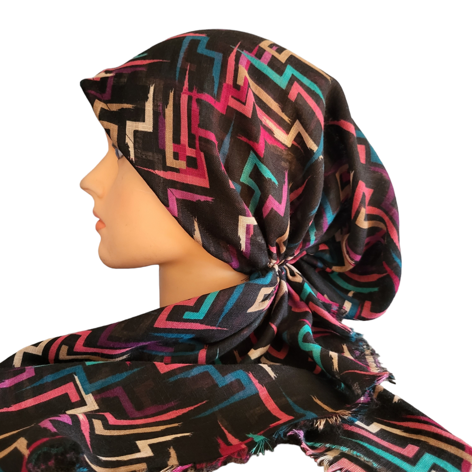 Black/colorful intersecting lines - soft fringes pretied tichel