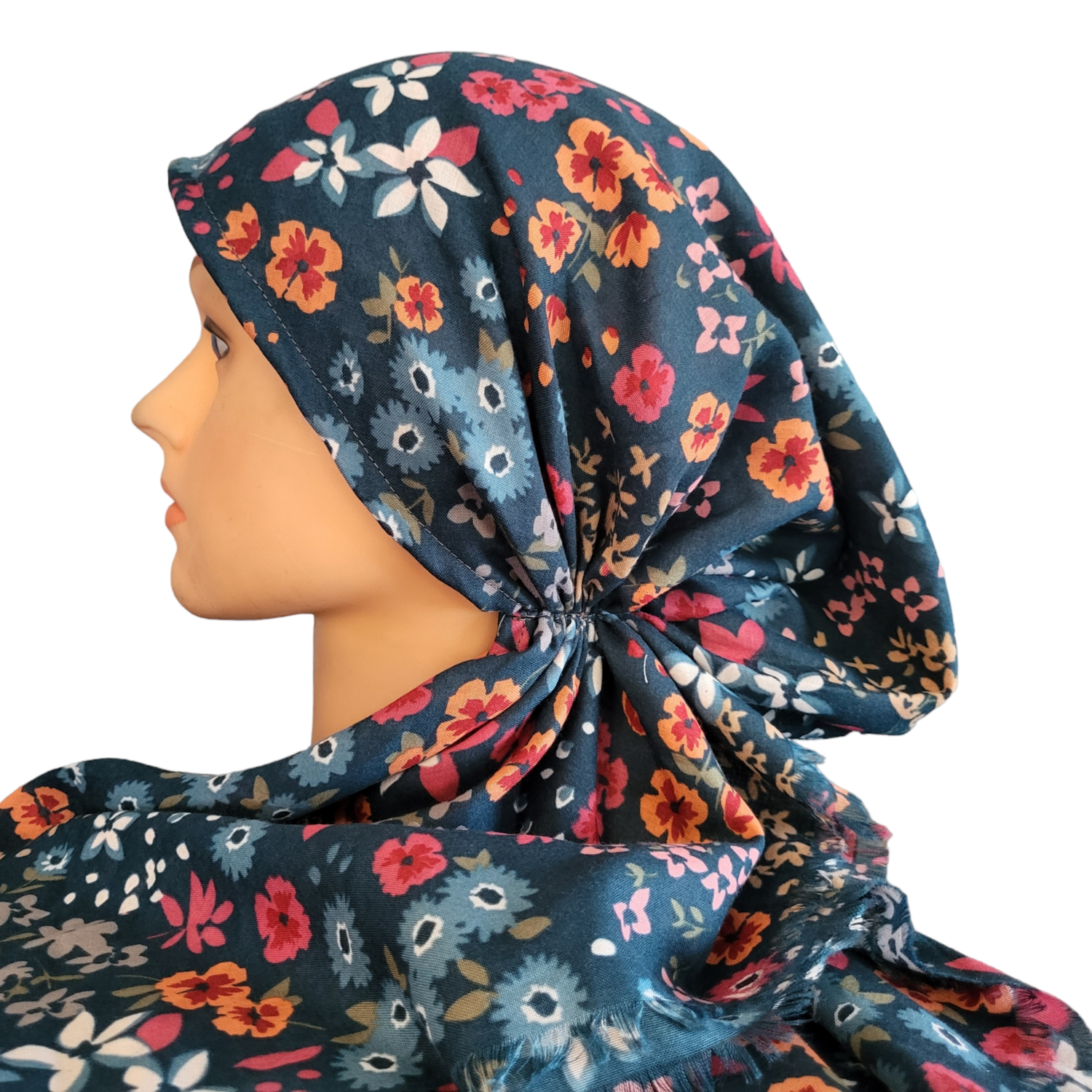 Teal small floral - soft fringes pretied tichel