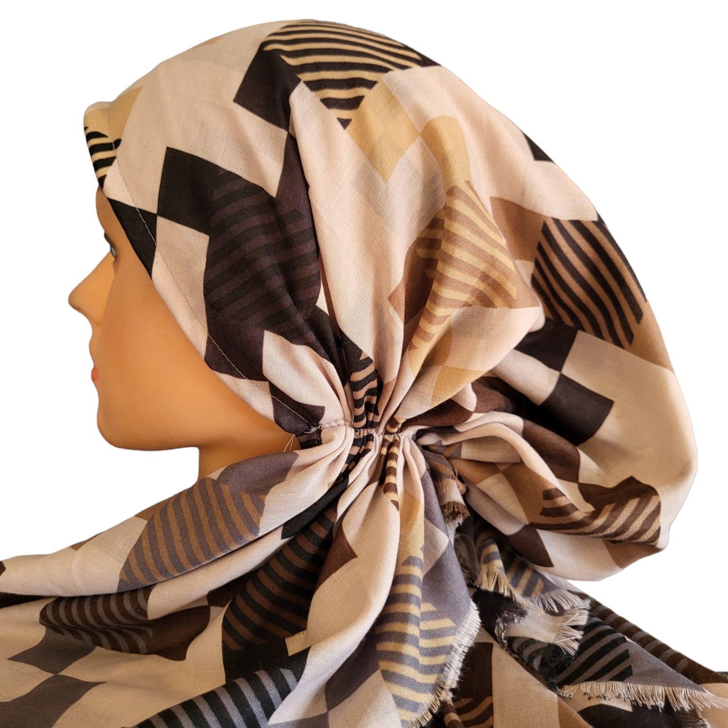 Beige tetromino pattern - soft fringes pretied tichel