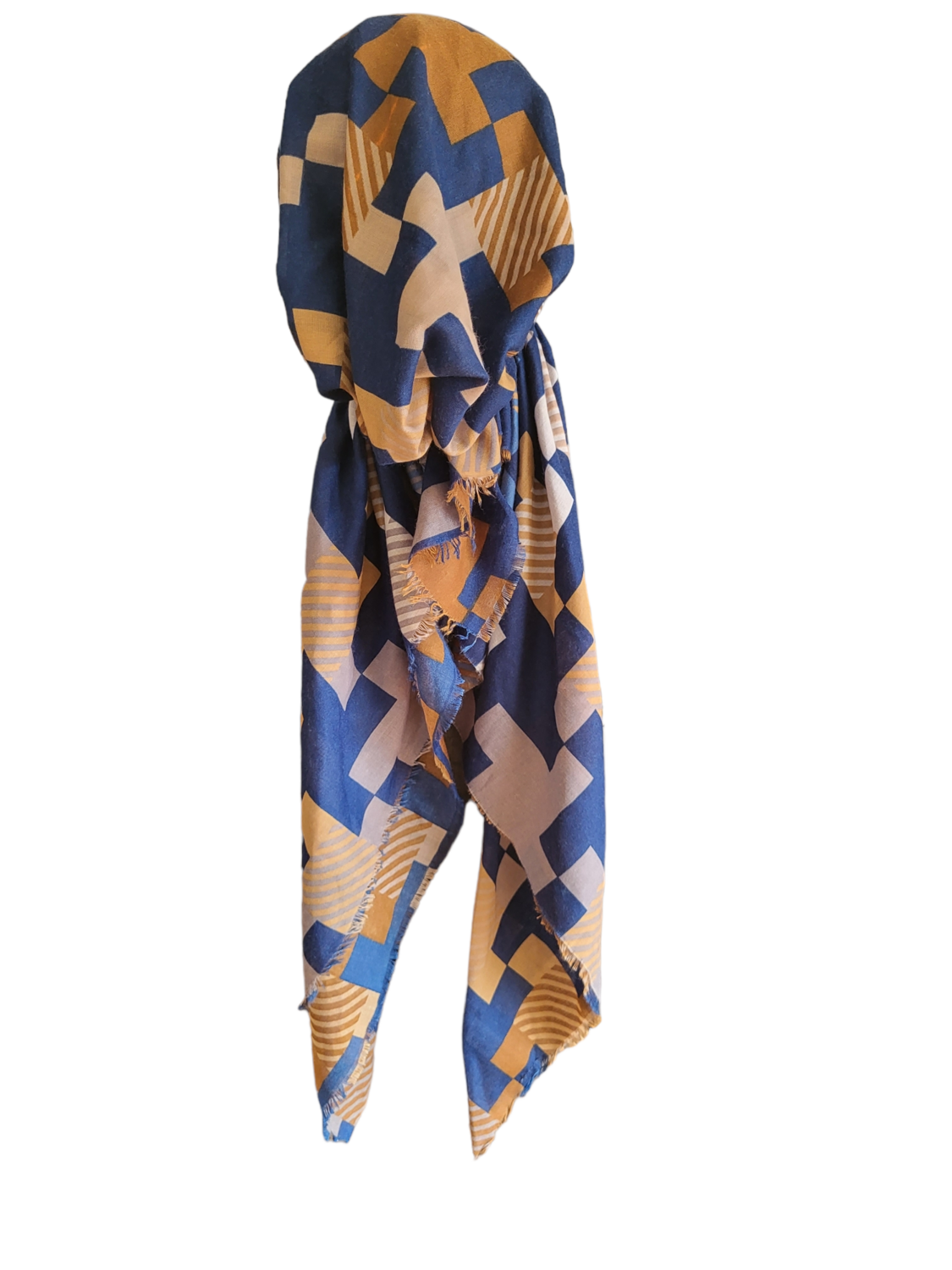 Blue tetromino pattern - soft fringes pretied tichel