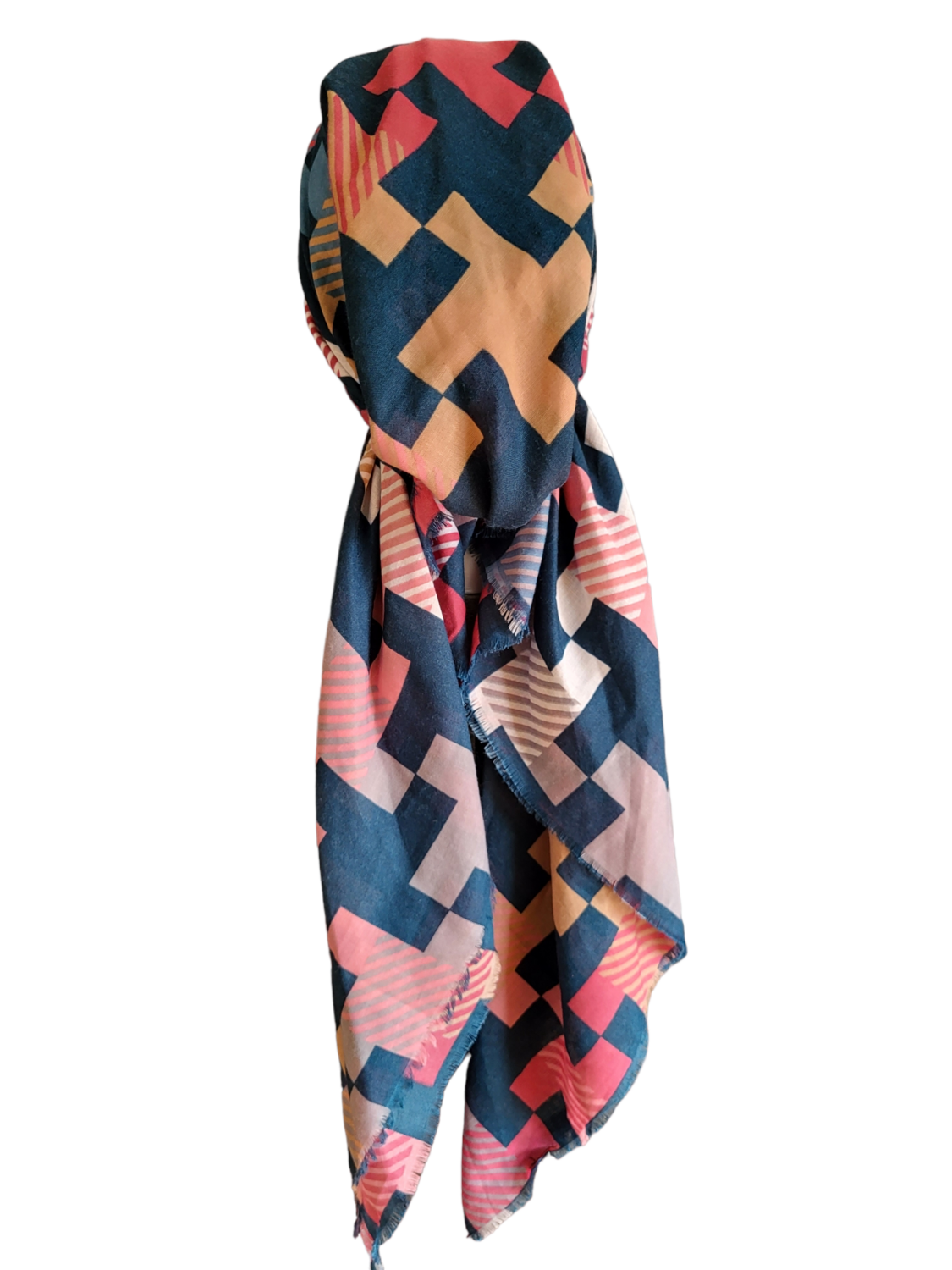 Teal tetromino pattern - soft fringes pretied tichel