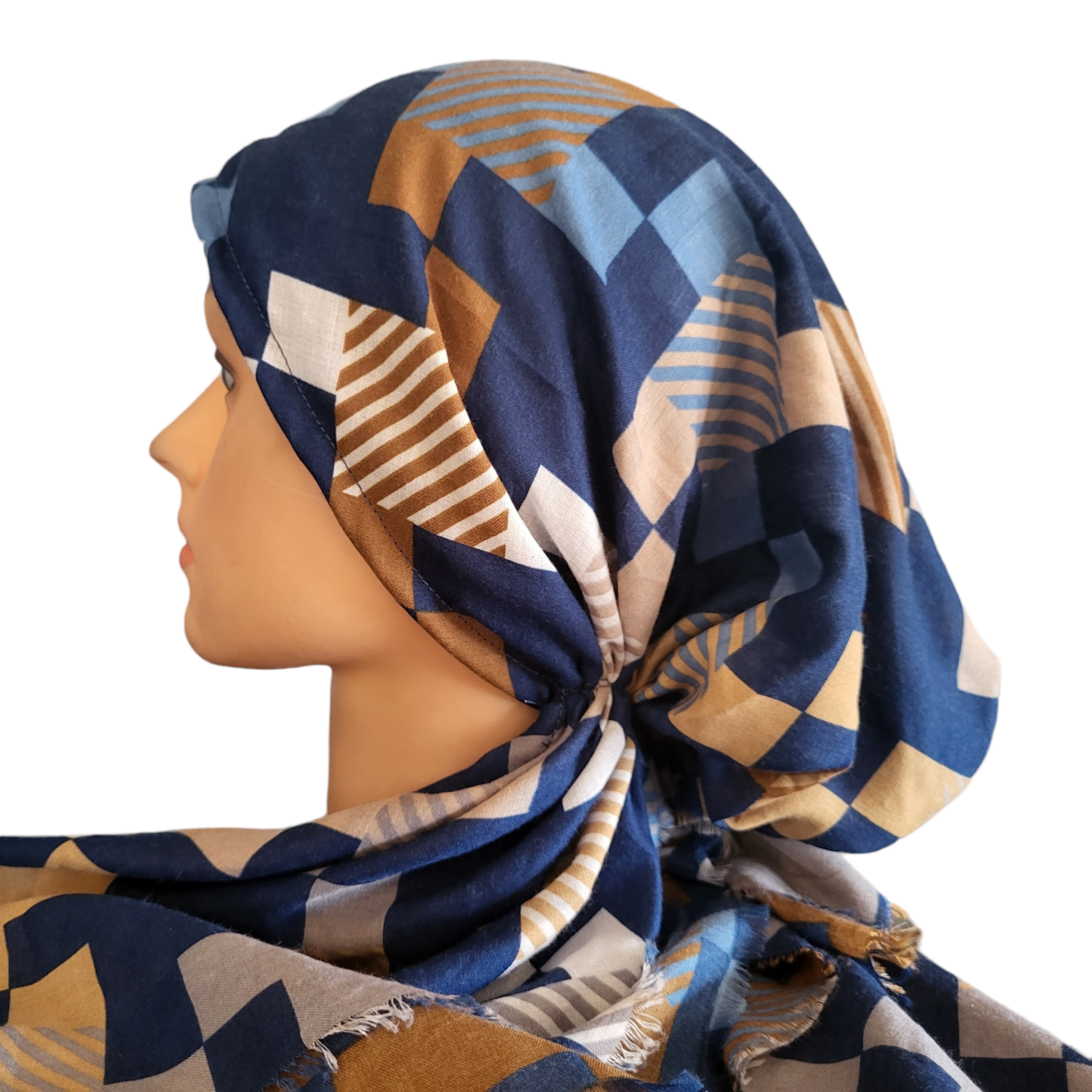 Blue tetromino pattern - soft fringes pretied tichel