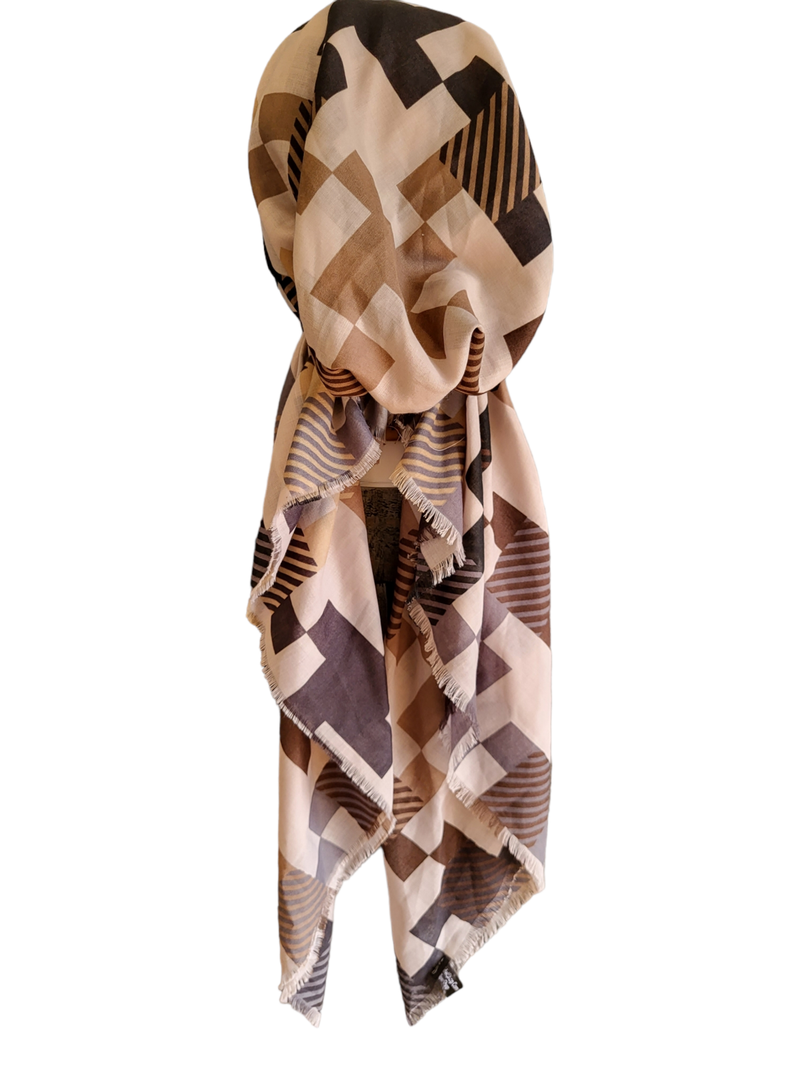Beige tetromino pattern - soft fringes pretied tichel