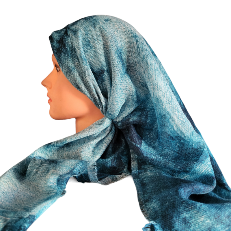 Turquoise tie dyed long back pre-tied kerchief w/band sewn in  -  soft fringed edges material