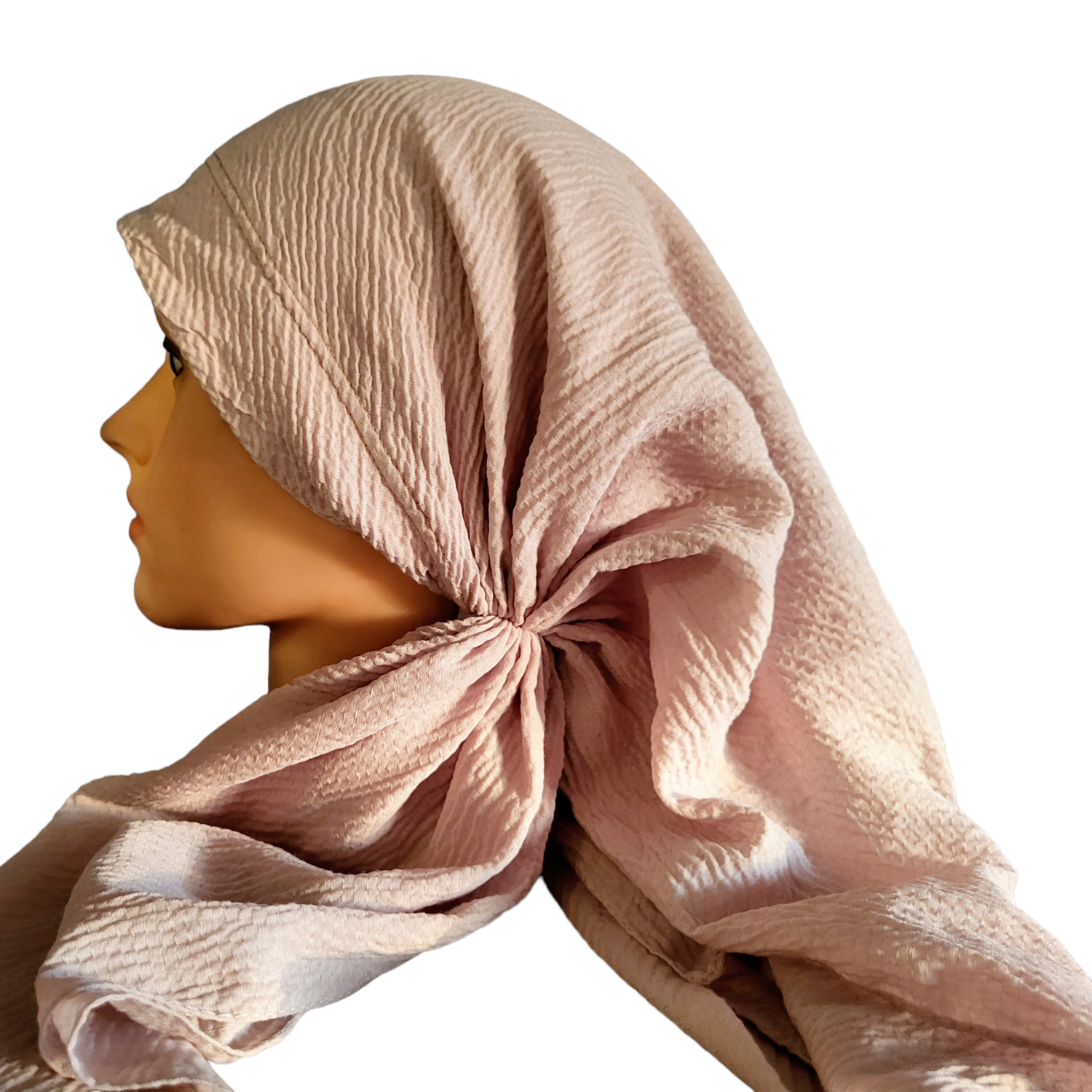 Solid beige textured long back pre-tied kerchief w/band sewn in