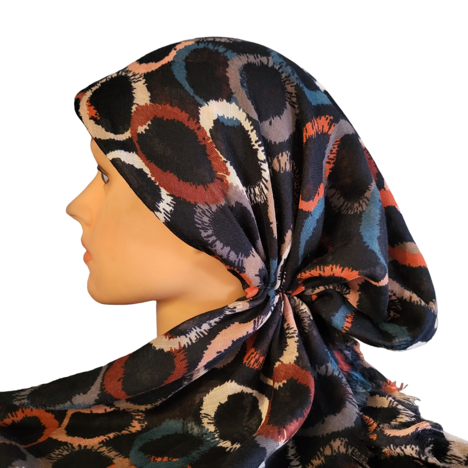 Navy/orange circles pattern - soft fringes pretied tichel
