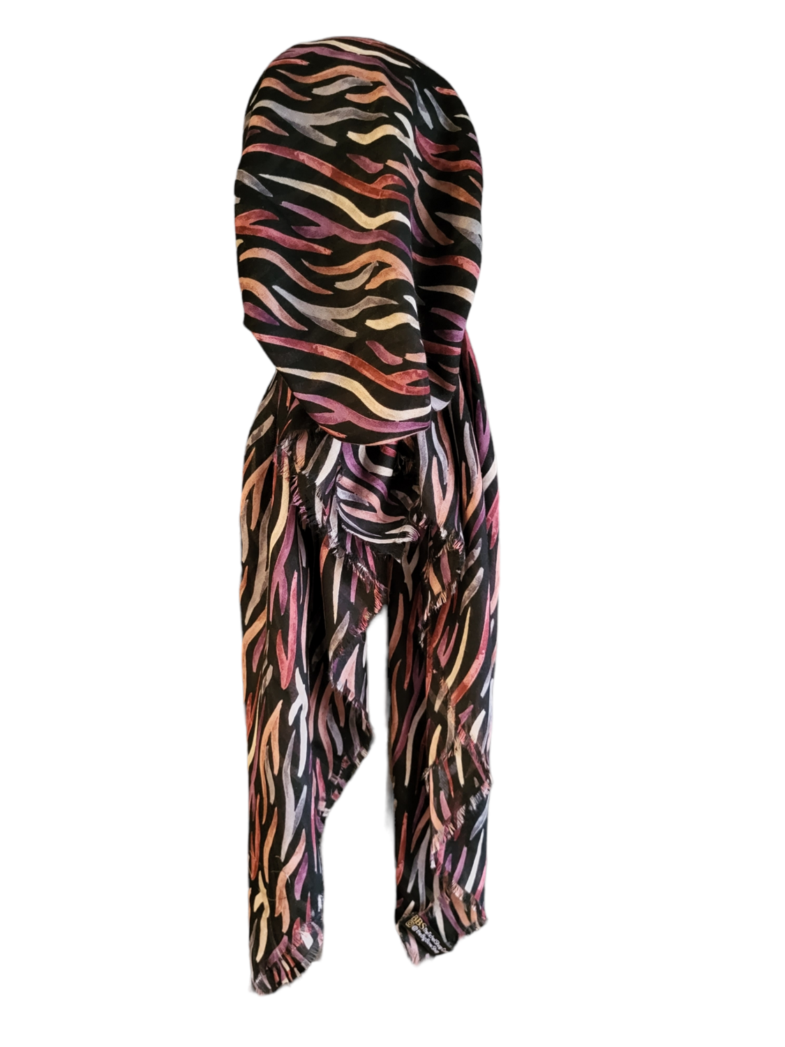 Black/pinks zebra pattern - soft fringes pretied tichel