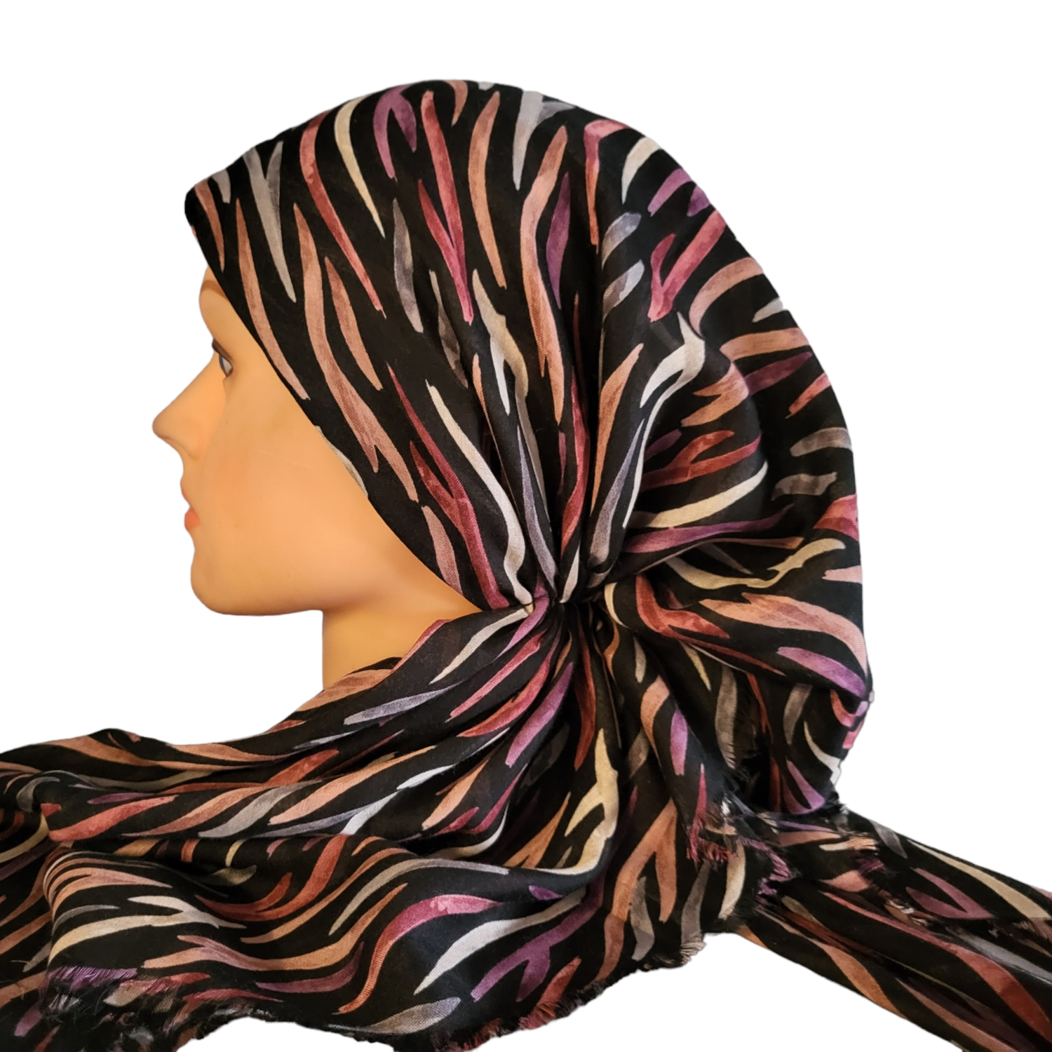 Black/pinks zebra pattern - soft fringes pretied tichel