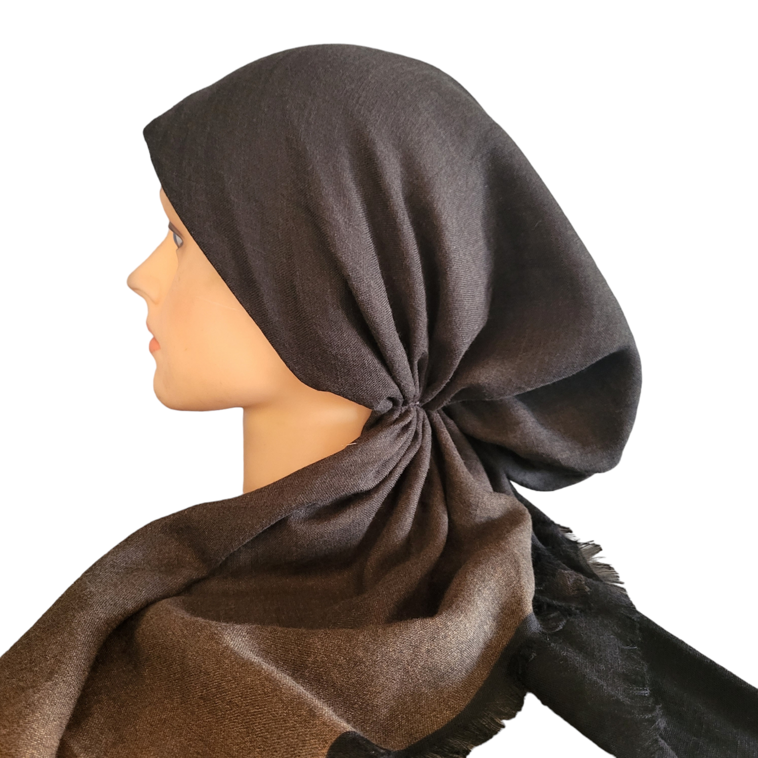 Shades of black/brown - shaded soft fringes pretied tichel
