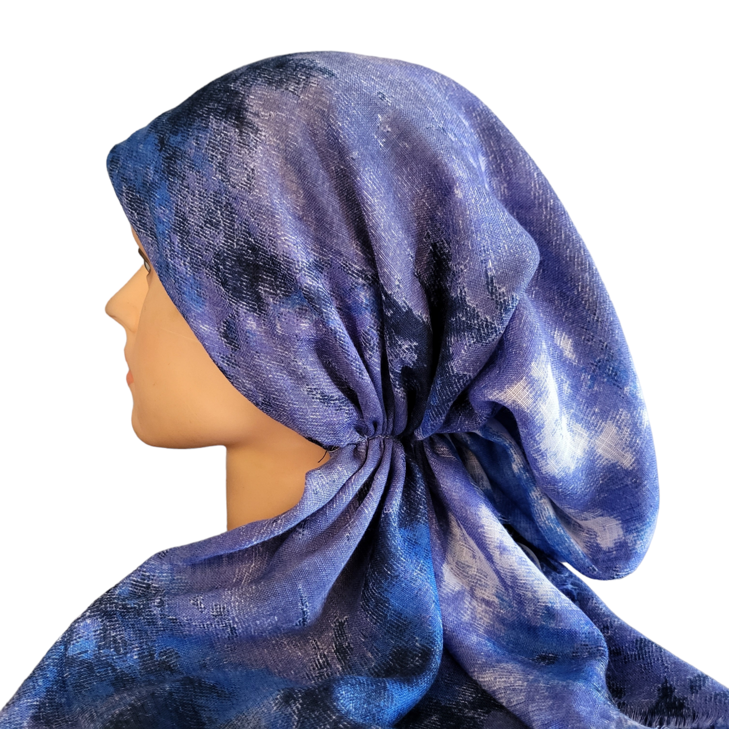 Blue/ light lavender tie dyed - soft fringes pretied tichel