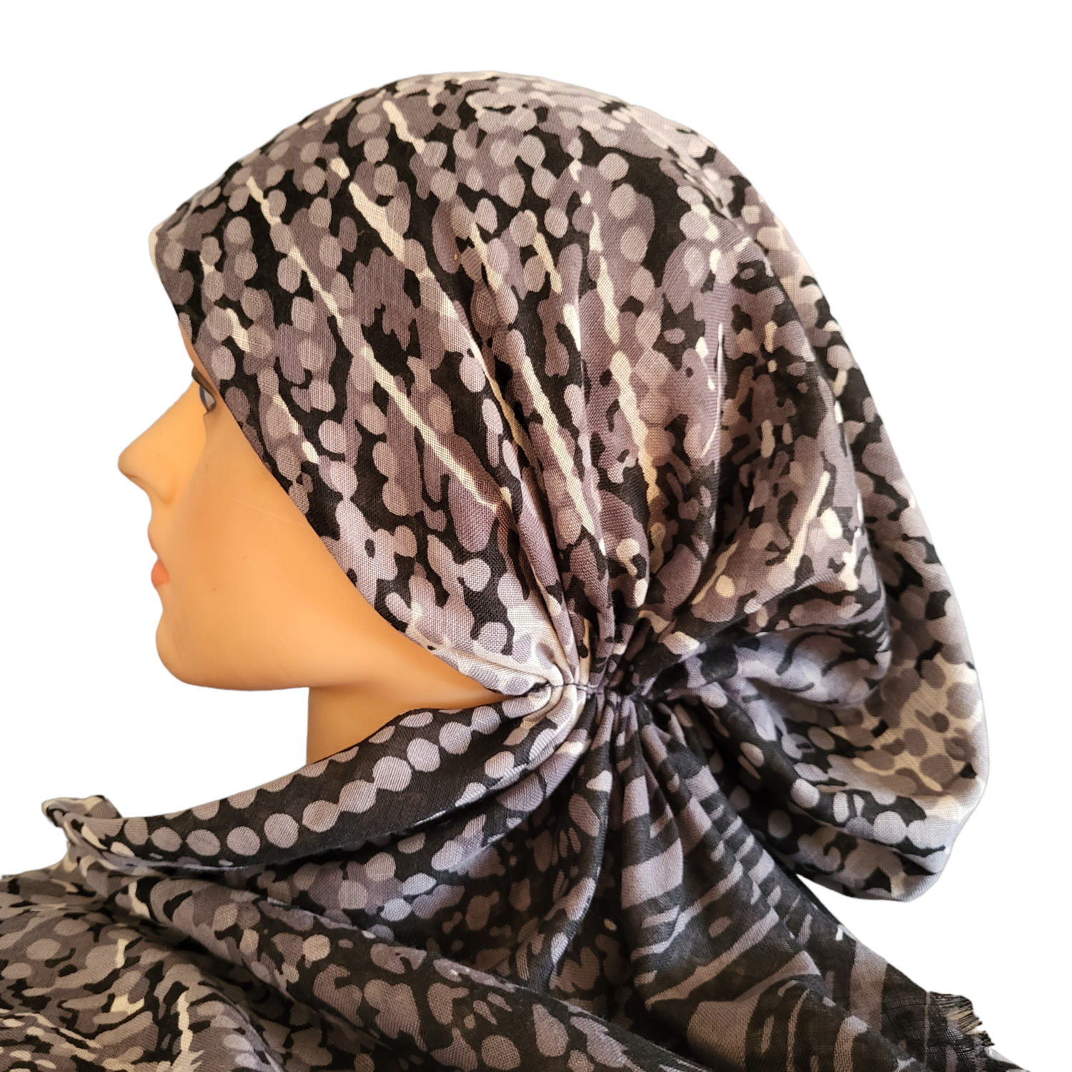 Black dotted pattern - soft fringes pretied tichel