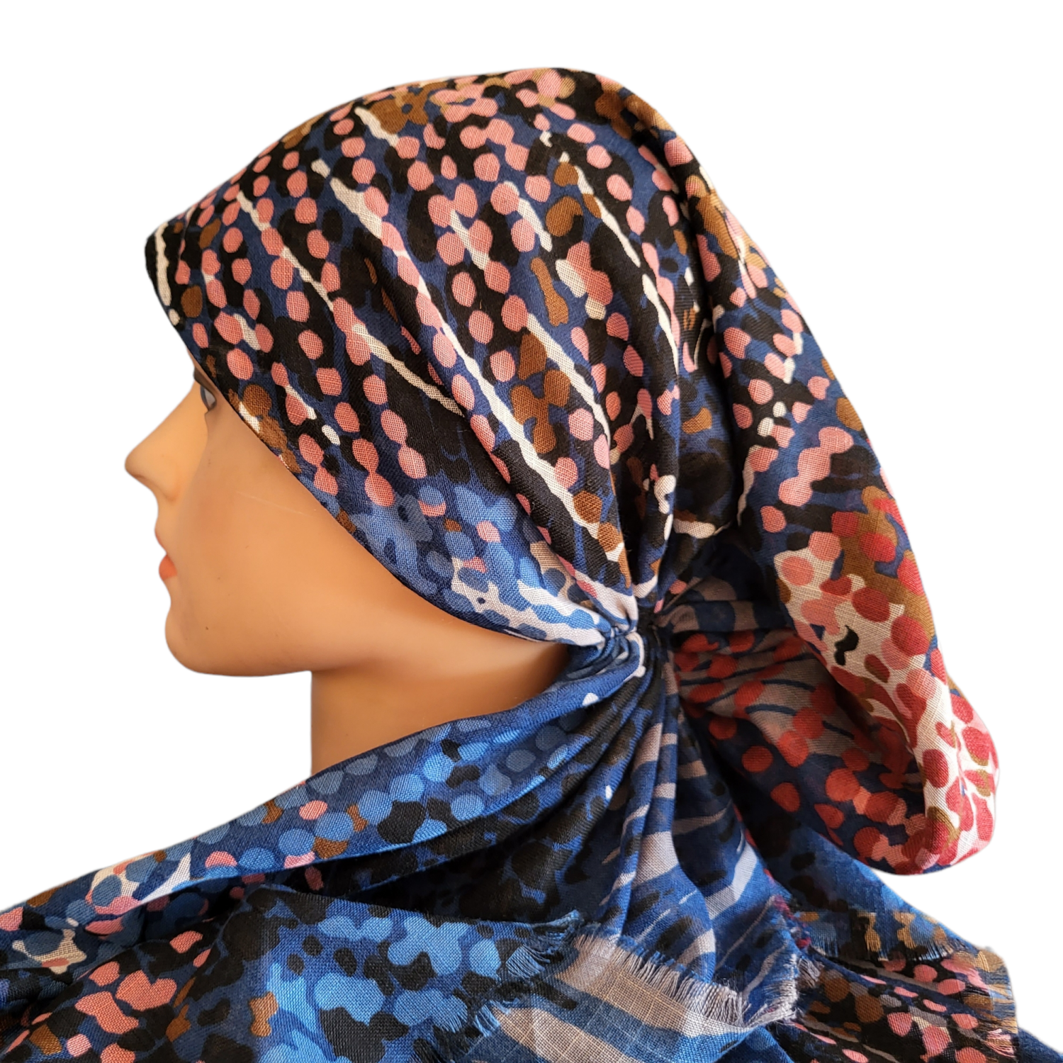 Blue multicolored dotted pattern - soft fringes pretied tichel