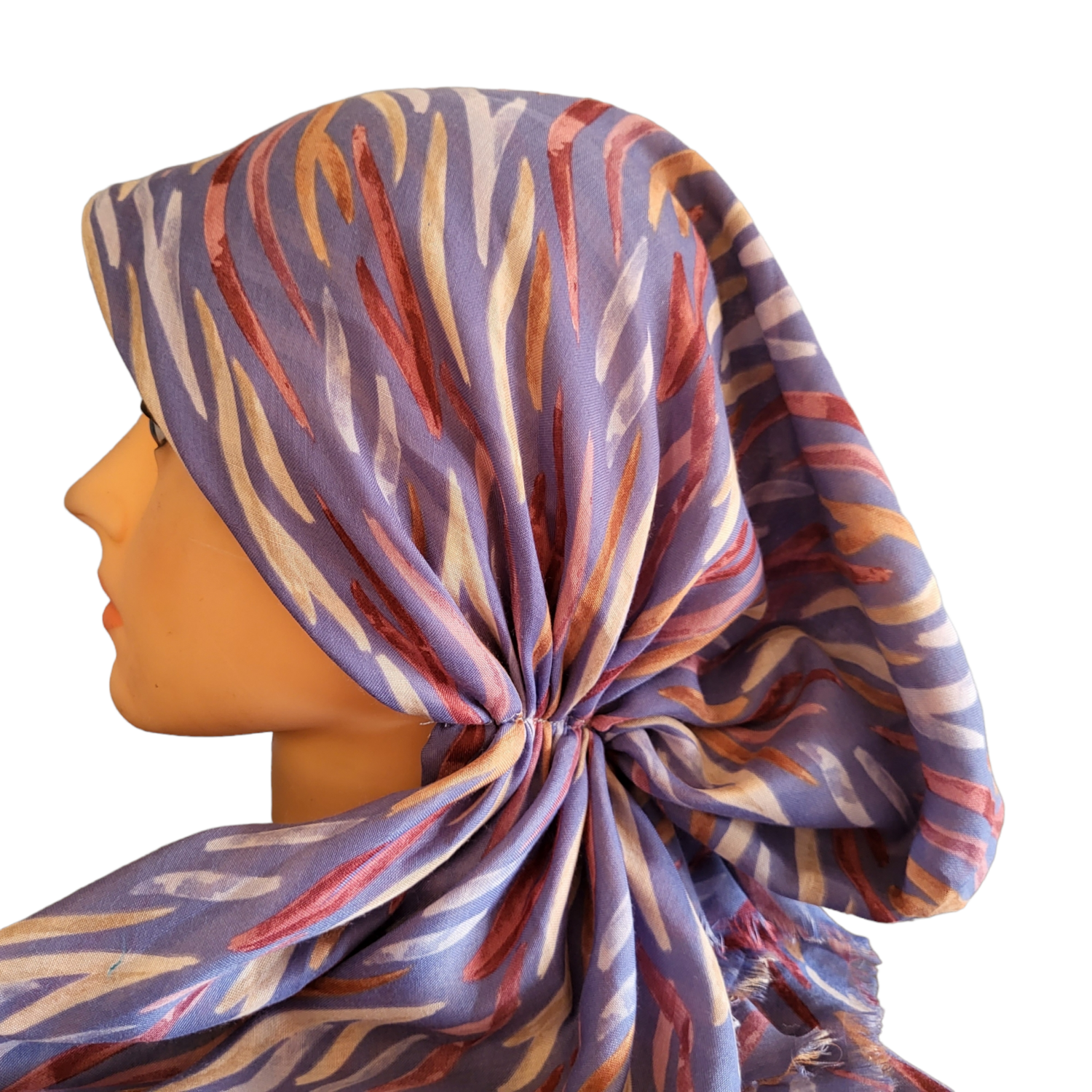 Light denim color zebra pattern - soft fringes pretied tichel, choose: w/band sewn in (BBS)
