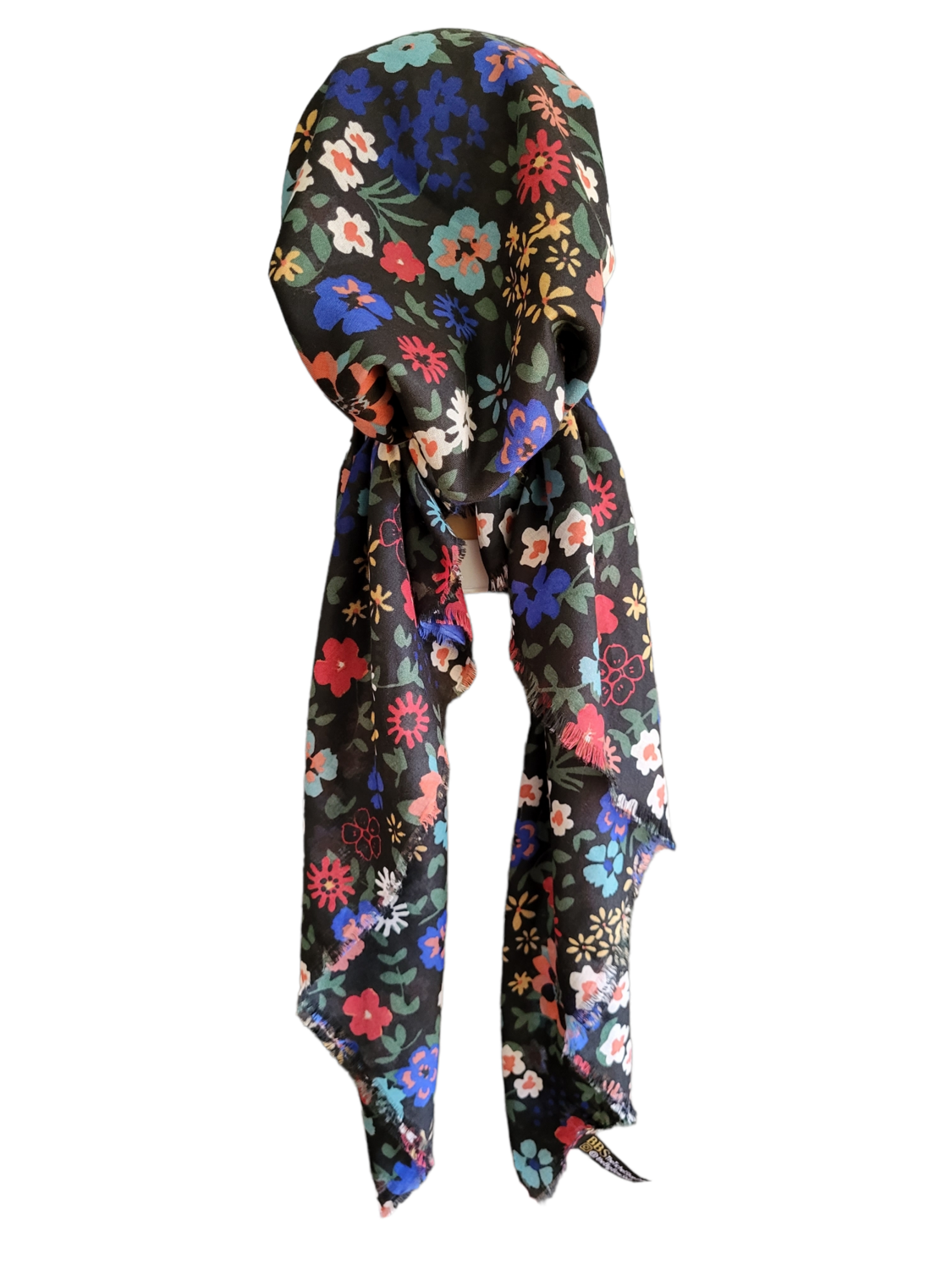 Black/colorful pretty floral - soft fringes pretied tichel