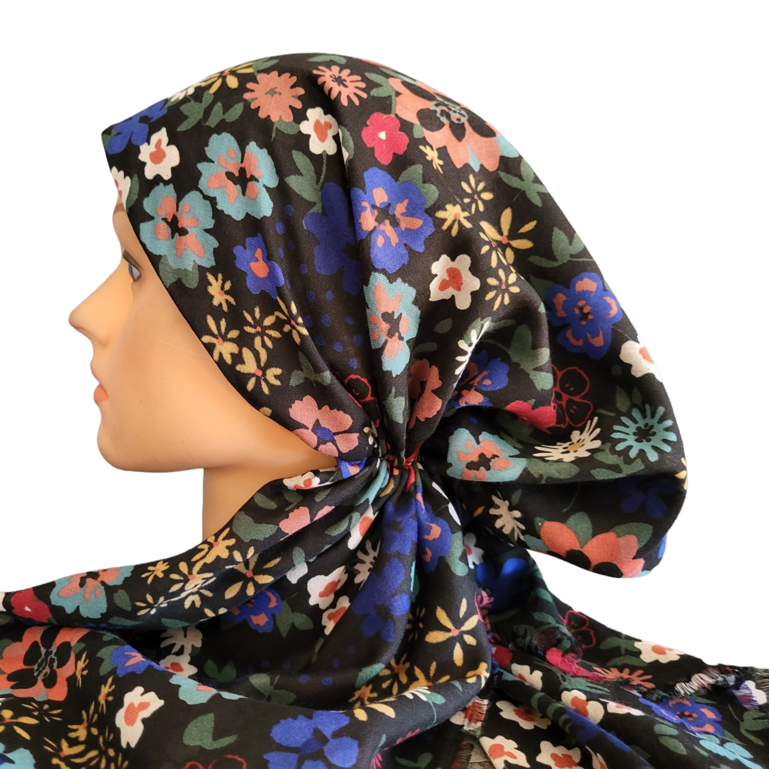 Black/colorful pretty floral - soft fringes pretied tichel