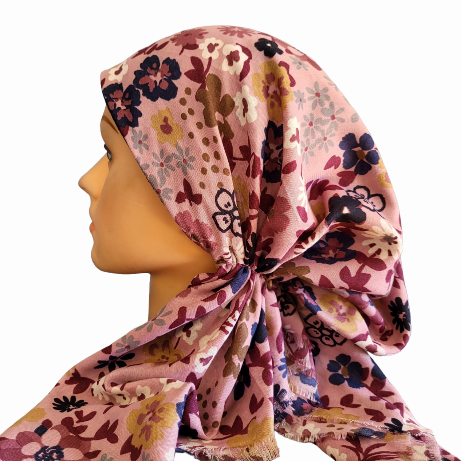 Blush/mauve pretty floral - soft fringes pretied tichel