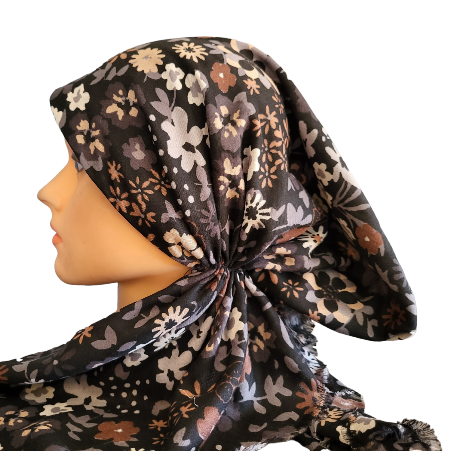 Black pretty floral - soft fringes pretied tichel