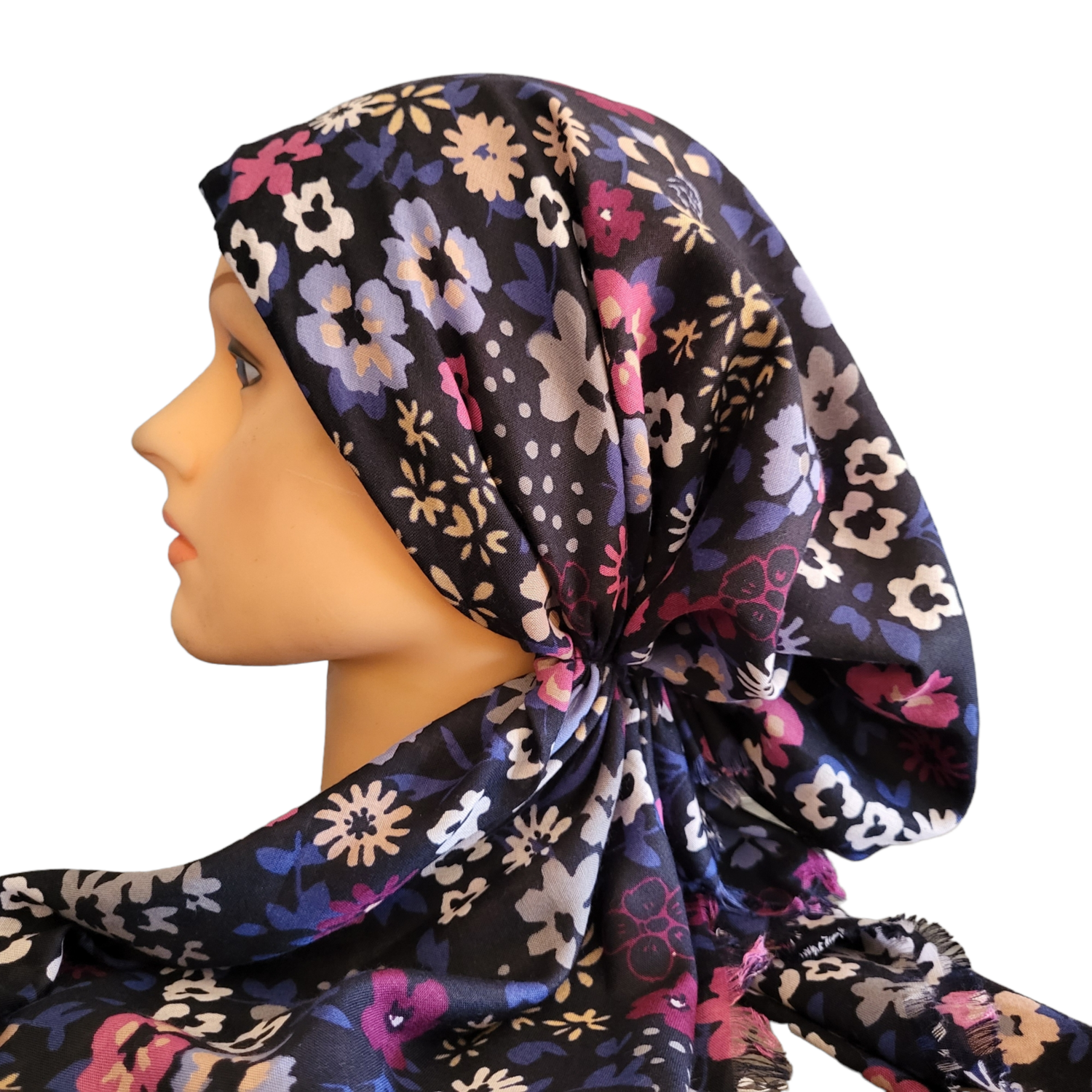 Navy pretty floral - soft fringes pretied tichel