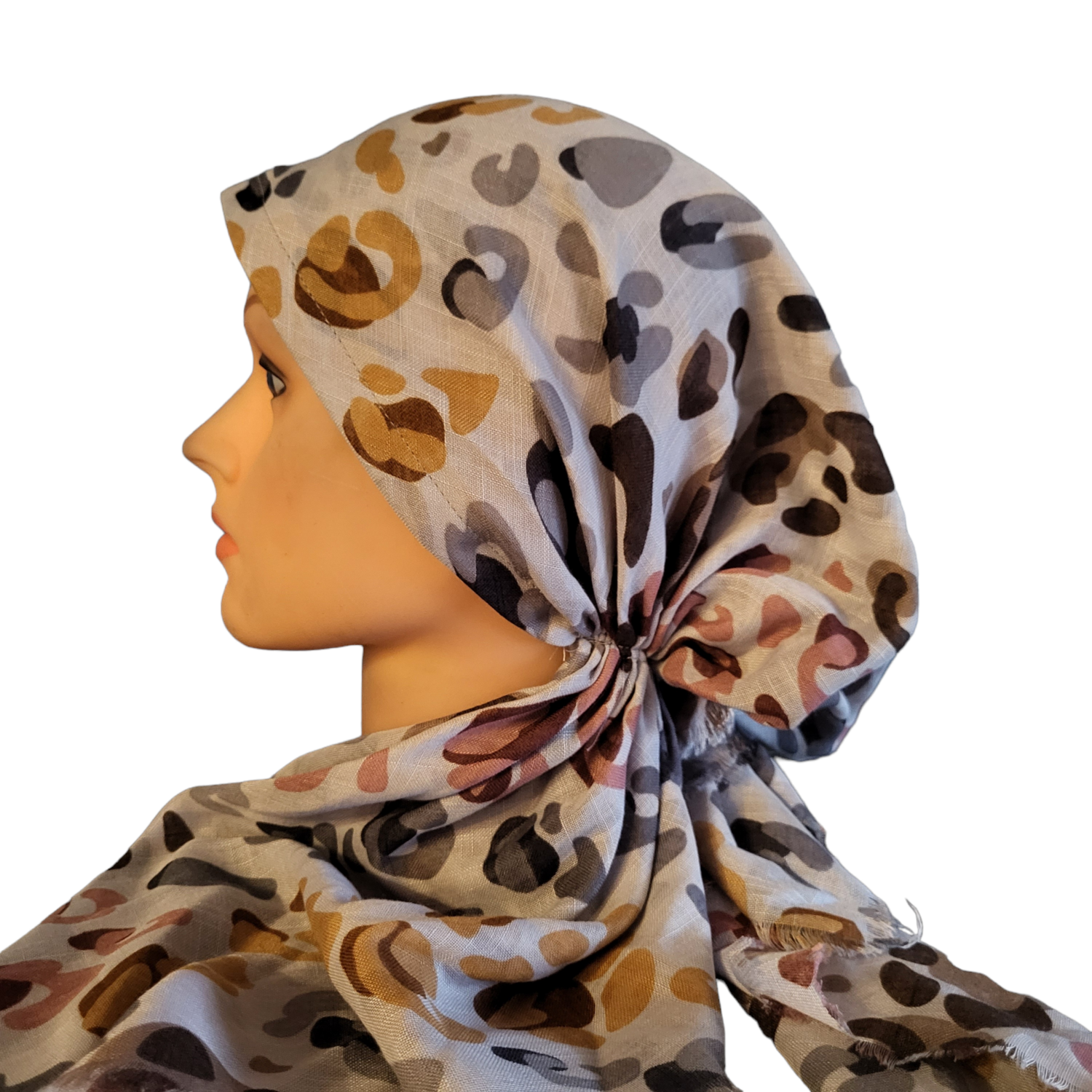 Stone colored leopard - soft fringes pretied tichel