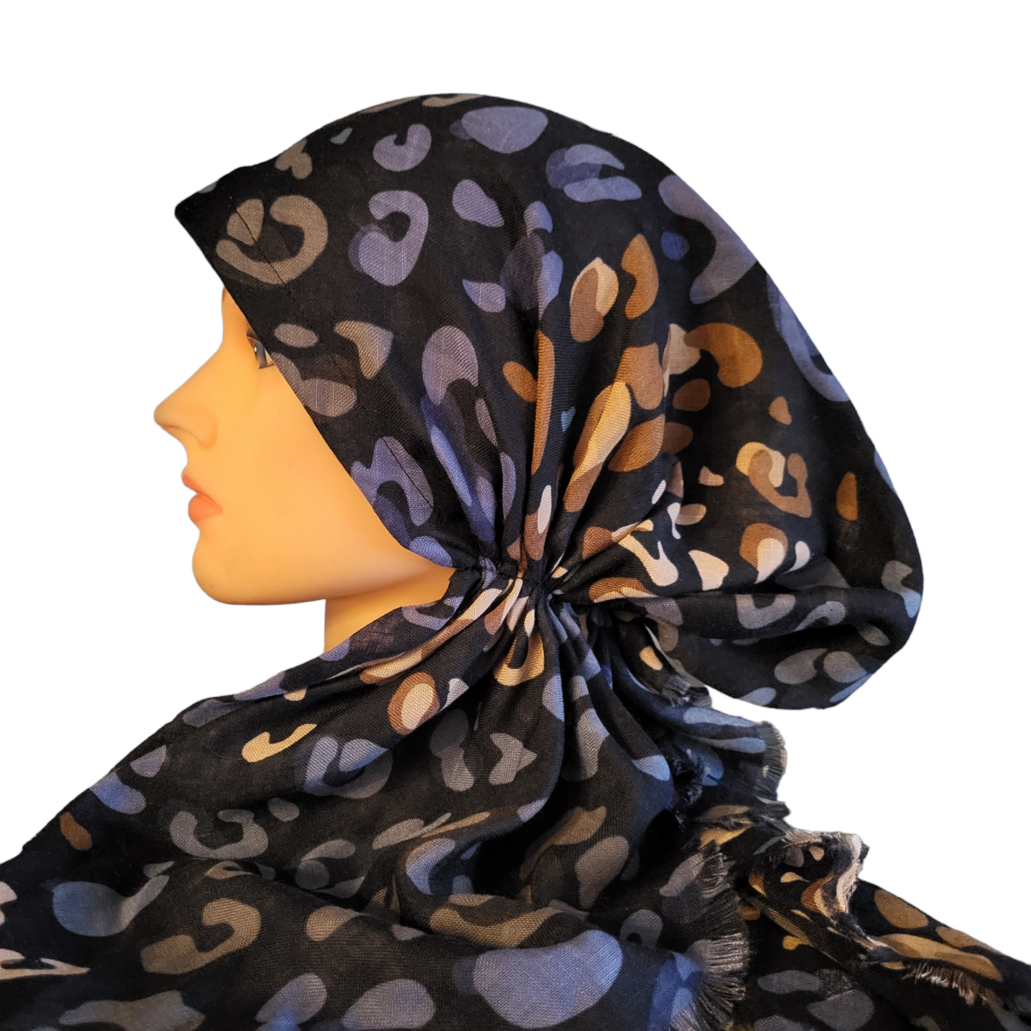 Navy colored leopard - soft fringes pretied tichel