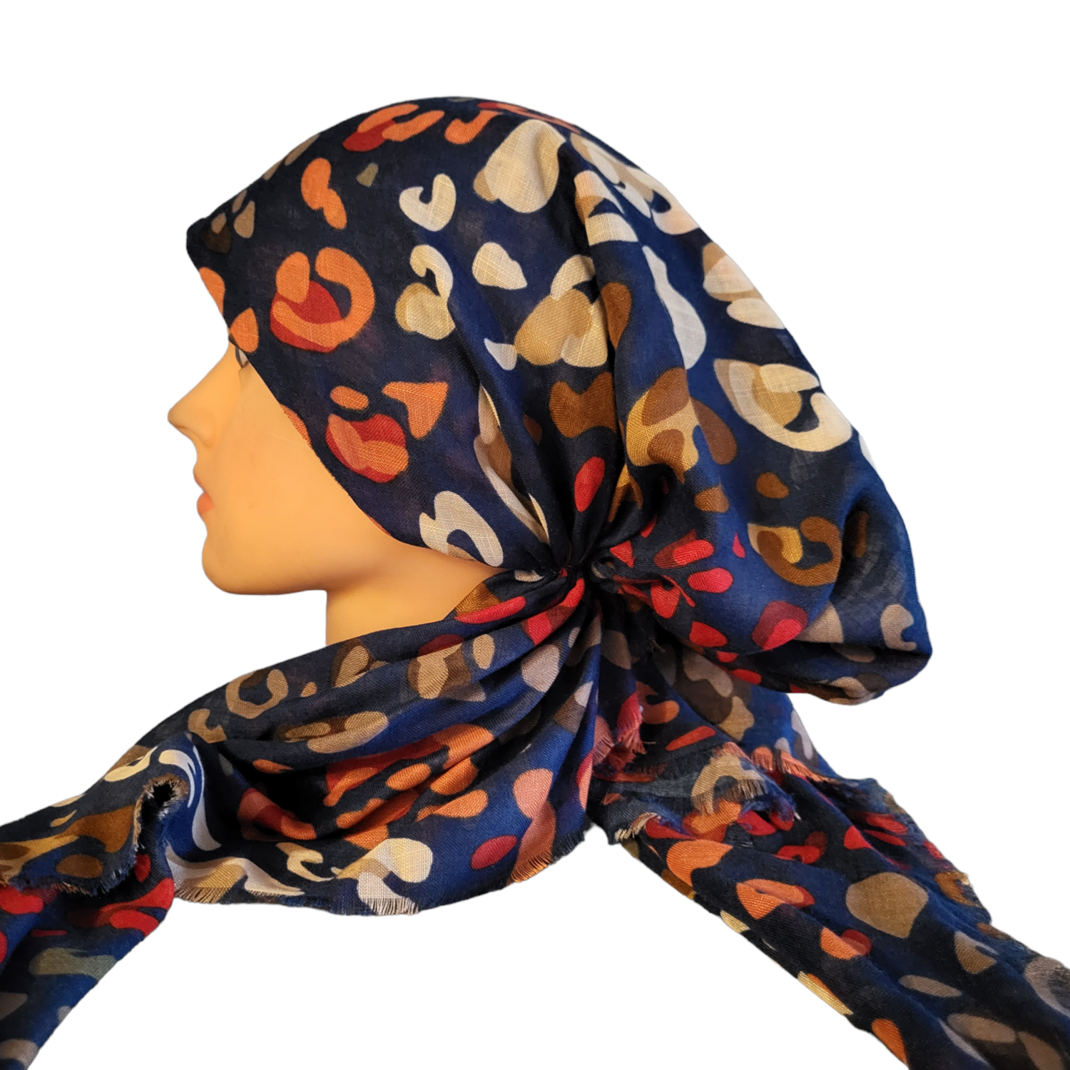 Blue colored leopard - soft fringes pretied tichel