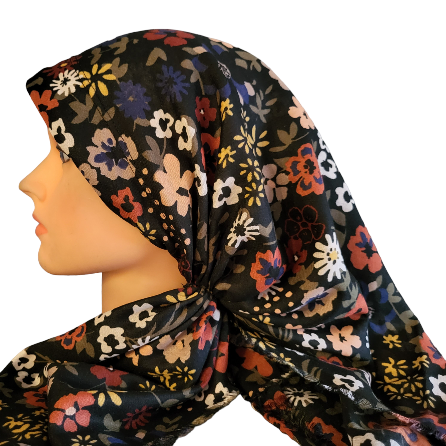 Black/blue floral long back pre-tied kerchief w/band sewn in  -  soft fringed edges material