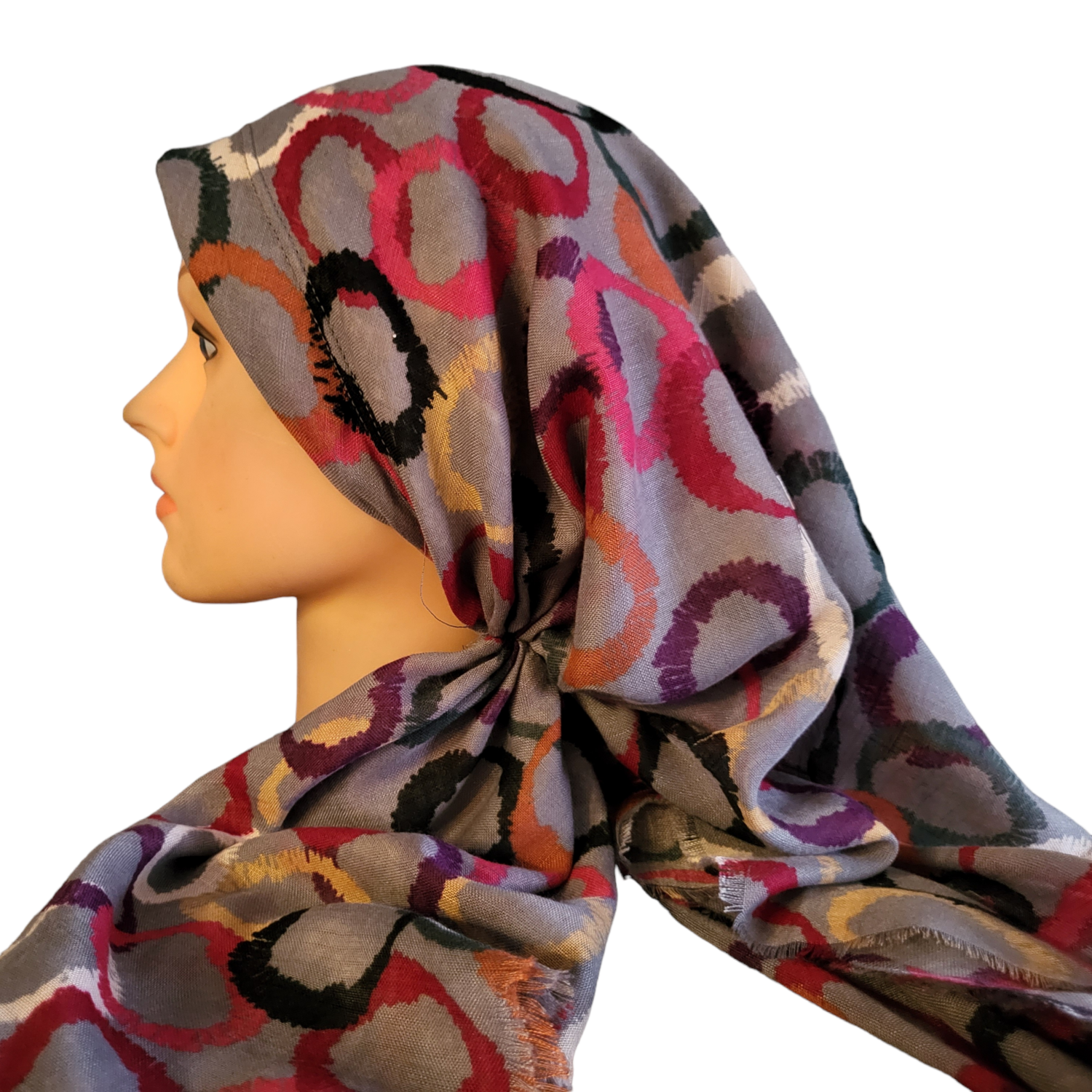 Gray circles - long back pre-tied kerchief w/band sewn in  -  soft fringed edges material