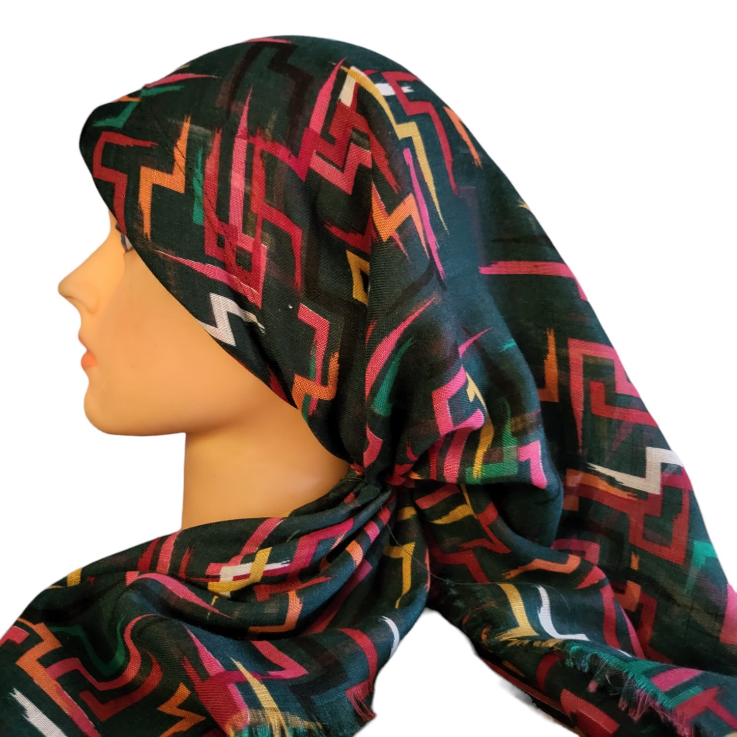 Teal intersecting lines - long back pre-tied kerchief w/band sewn in  -  soft fringed edges material