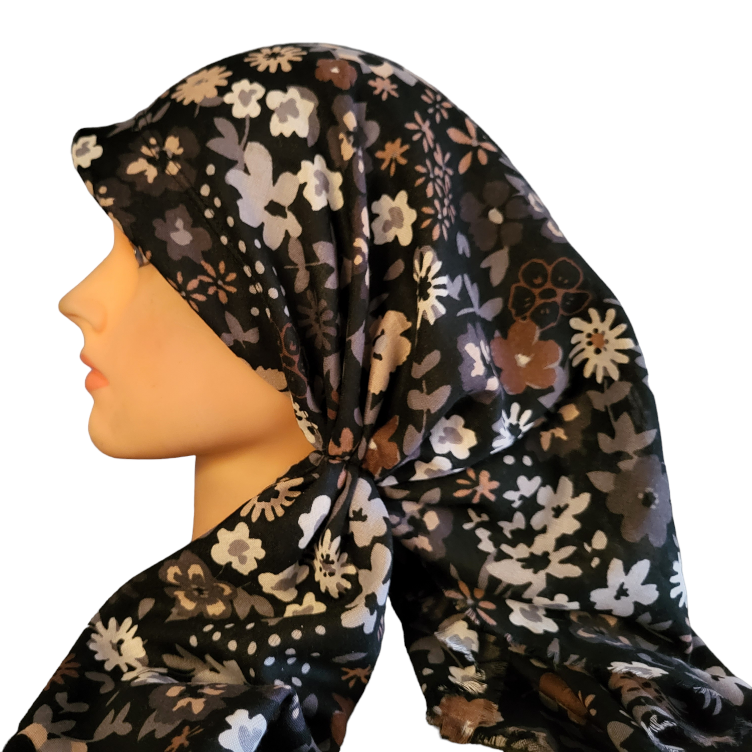 Black/brown floral long back pre-tied kerchief w/band sewn in  -  soft fringed edges material