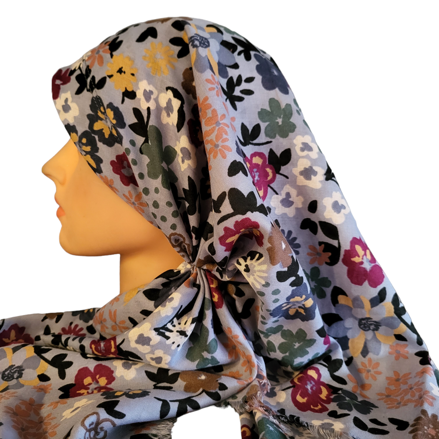 Light grayish blue floral long back pre-tied kerchief w/band sewn in  -  soft fringed edges material