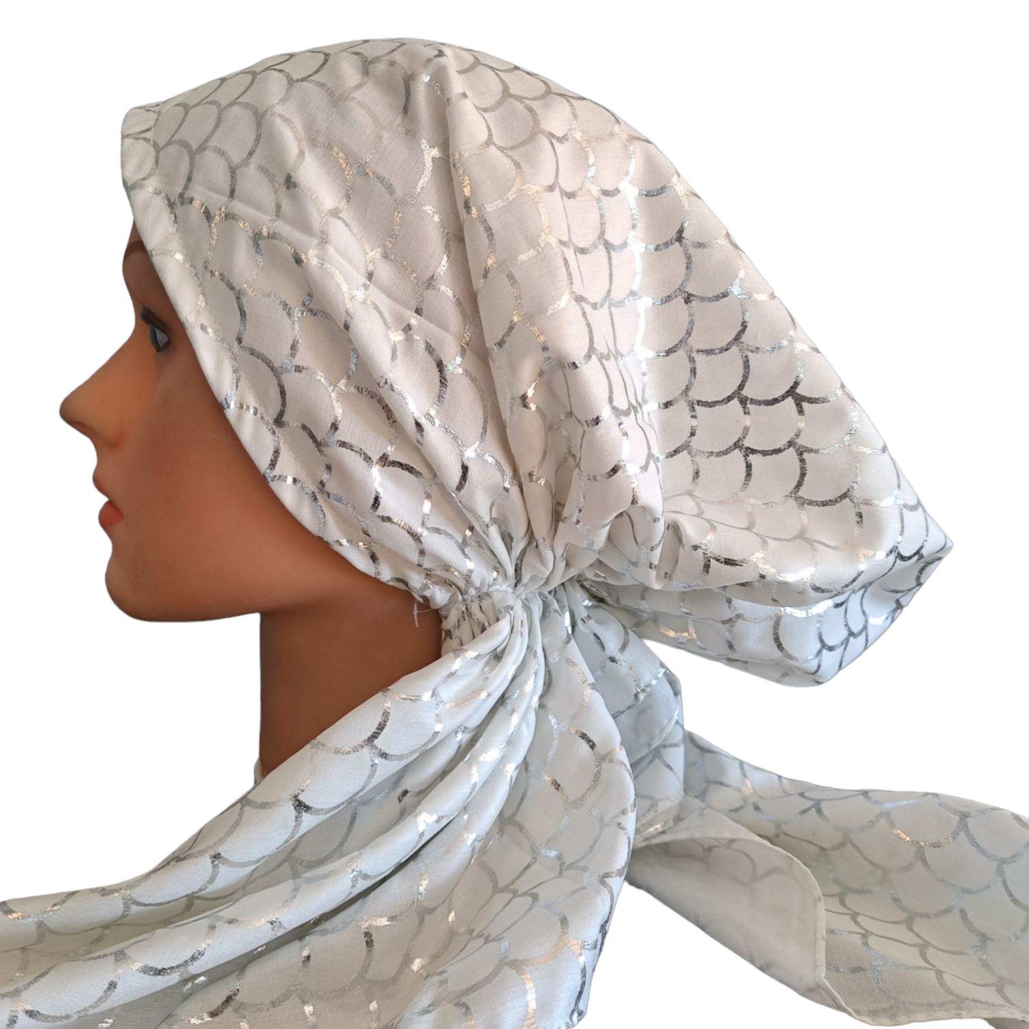 Soft white - silver scales patterned pretied tichel w/band sewn in (BBS)