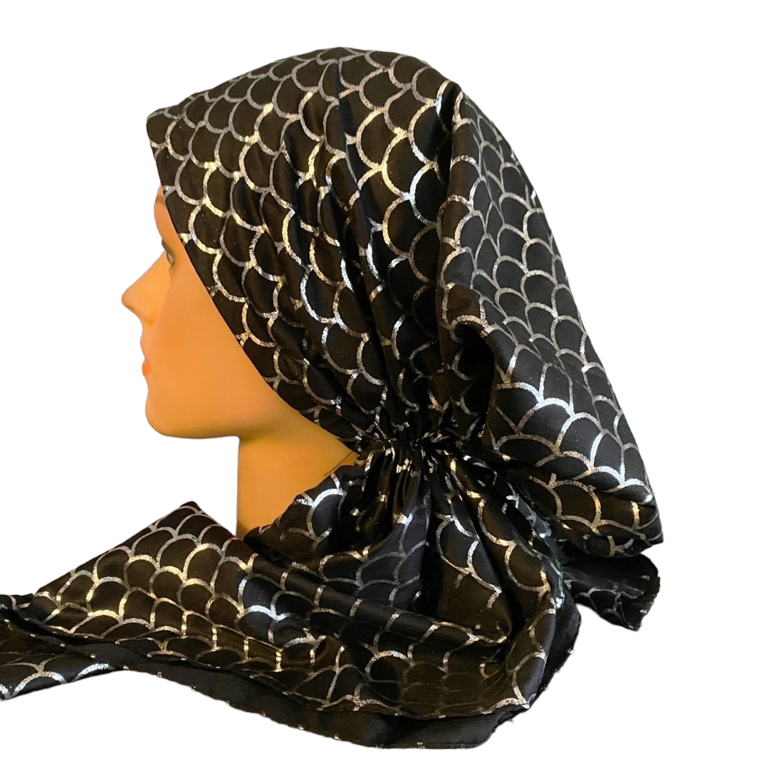 Black - silver scales patterned pretied tichel w/band sewn in (BBS)