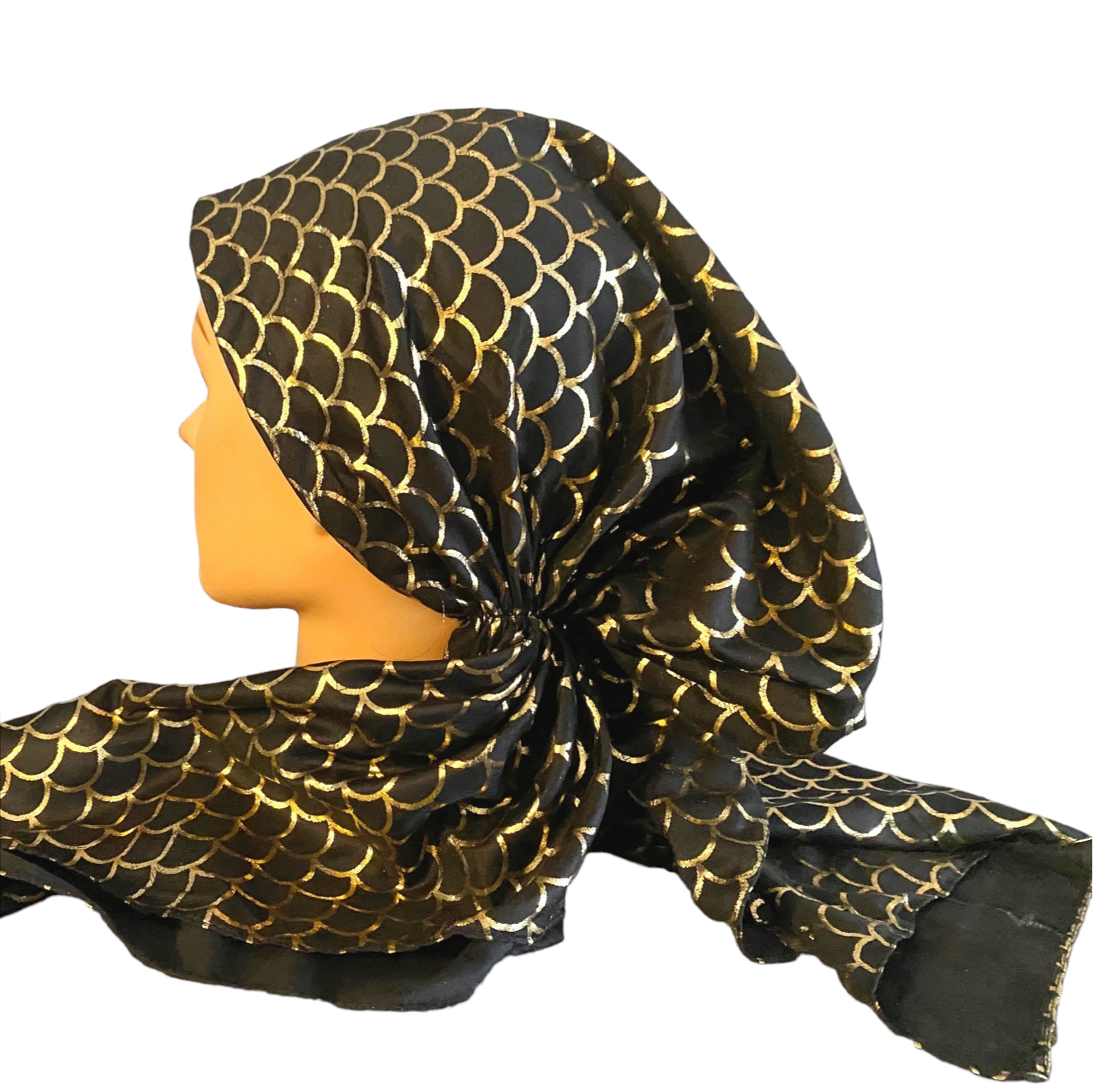 Black - gold scales patterned pretied tichel w/band sewn in (BBS)